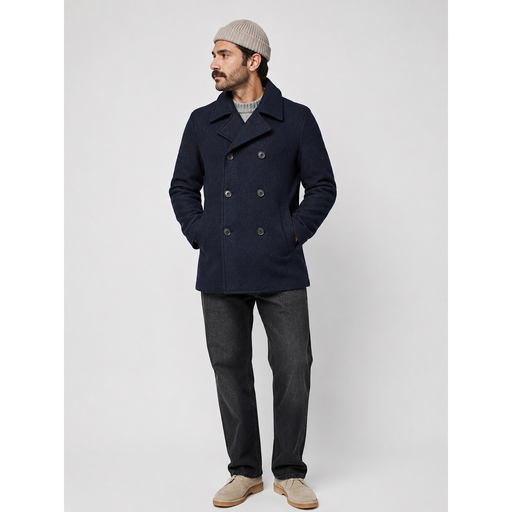 J.Crew Mens Navy Herringbone Wool Blend Dock Pea Coat Large Fall Winter